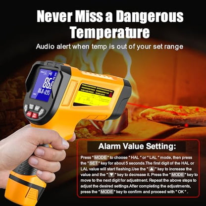 JD-08 High Temp Infrared Thermometer Gun, -58°F to 3992°F | Multi-point laser targeting, adjustable emissivity, and MAX/MIN/AVG/DIF modes for furnaces, kilns, metal, and HVAC - color: High temperature yellow