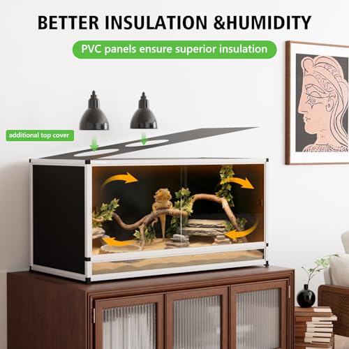 120 Gallon PVC Reptile Enclosure 48"x24"x24" – Reptile Tank with Removable Solid Top Cover, Front Sliding Glass Doors, Easy Clean, for Bearded Dragon, Snake - color: White Frame / Black PVC-120 Gallon