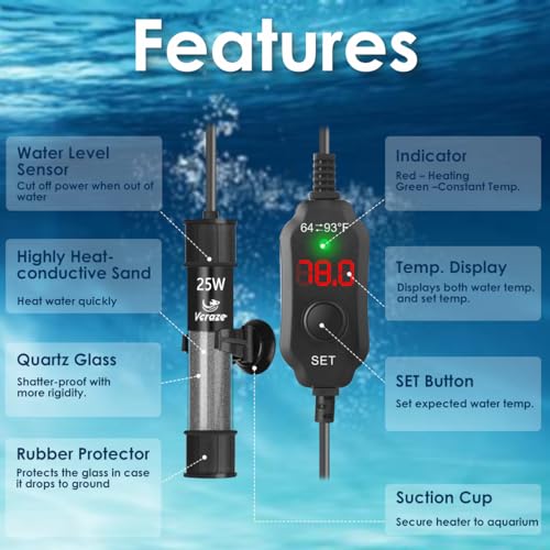 25W Compact Aquarium Heater for 3-5 Gallon Tanks | Super Short Submersible Fish Tank Heater with LED Digital Thermostat, Dry-Run & Overheat Protection, Memory Function - size: For Tanks 3-5 Gal