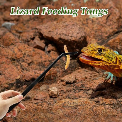 Reptile Feeding Tongs, Stainless Steel Lizard Feeding Tongs, Aquarium Curved Feeding Tweezers for Reptiles with Rubber Tip, Terrarium Feeding Tongs for Gecko, 14.96" Length, Black - size: 14.96"