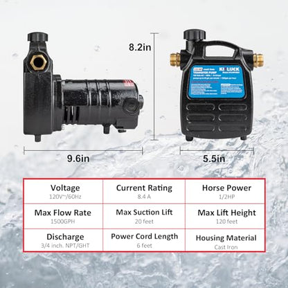 Water Transfer Pump, KITLUCK 120V 1/2 HP 1500GPH Cast Iron Portable Electric Utility Water Pump, Heavy Duty High Pressure Transfer Pump with ON/OFF Switch, Suction Strainer and Brass Connectors - style: 1/2HP