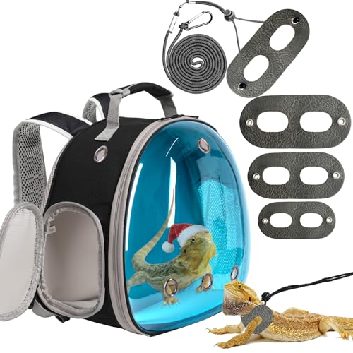 Bearded Dragon Travel Backpack with Harness and Leash Set,Lizard Backpack Travel Carrier,Space Capsule Clear Bubble Window Astronaut Reptile Carrier Backpack, Airline Approved - color: Black/Blue