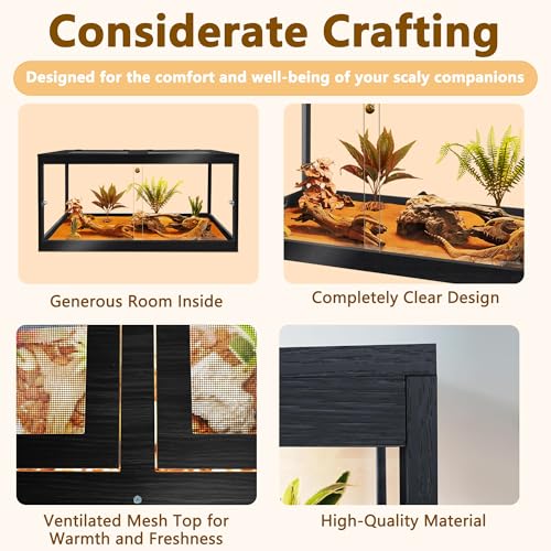 Retile Tank,Bearded Dragon Tank,Lizard Tank with Metal Mesh Roof Door, Acrylic Panel Snake Tank with Lock Design - color: Black, size: 60 Gallons