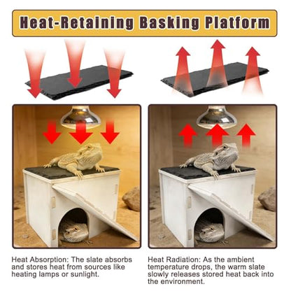 Large Bearded Dragon Basking Platform,Wooden Reptile Hide Cave with Slate Rock Climbing Ramp Tank Accessories for Leopard Geckos,Lizard,Snake,Tortoise (Medium) - size: M:9.1×7.1×7.8"