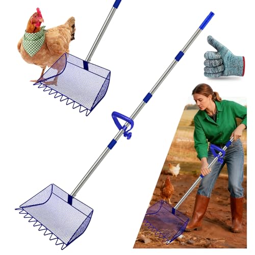 2-in-1 Chicken Coop Scooper: Extra Large 12” Poop Scooper & Rake with Adjustable Handle (37”-65”) | Heavy-Duty Metal Shovel for Quick Pet Waste, Rabbit, Guinea, Barn Cleaning | US Patent Pending, Blue - color: Blue