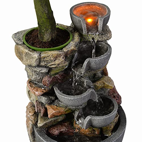 Haobos Indoor Fountain 4-Bowl Rockery Soothing Sound Tabletop Fountains Home/Office Decor Gift for Mom,Mother Day Present with A Small Plastic Pot to Grow Plant/Hebs By Yourself (Automatic Watering)
