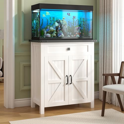 Suadism 20-29 Gallon Aquarium Stand With Charging Station, Farmhouse Fish Tank Stand, Reptile Tank Stand Terrarium Stand with Drawer and Cabinet Storage, Sturdy Heavy Duty 27.6"×15.7" Tabletop - White - color: White, size: For 20 Gallon Tank