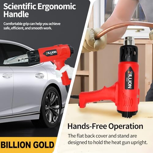 1800W Heat Gun - BILLION GOLD 3D Grip Heavy Duty Hot Air Gun 120℉-1200℉ | Fast Heat Dual Temp Kit with 4 Nozzles, Overheat Protection For Resin Craft, Paint Removal, Heat Shrink Tubing & Diy Crafts