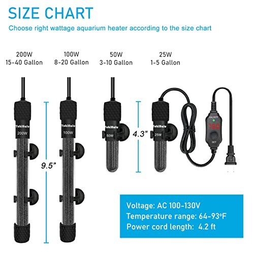 YukiHalu Small Submersible Aquarium Heater, Adjustable Mini Fish Tank Heater 25W 50W 100W 200W 300W with External Temperature Controller, LED Display, Used for 5/10/20/40/60 Gallons (200 Watts) - size: 200 Watts
