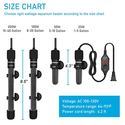 YukiHalu Small Submersible Aquarium Heater, Adjustable Mini Fish Tank Heater 25W 50W 100W 200W 300W with External Temperature Controller, LED Display, Used for 5/10/20/40/60 Gallons (50 Watts) - size: 50 Watts