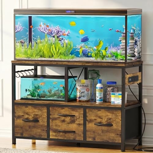 Heybly 40-50 Gal Fish Tank Stand with Drawer, Power Outlet, Rustic HAS004SR | Aquarium Stand, Heavy Duty, for Fish Tank, Turtle & Reptile Terrarium, 36.2" L × 18.1" Top, 660lbs (Top)+330lbs(Mid) - color: Rustic Brown, size: 40-50 gal