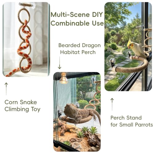 Reptile Climbing Rope Ladder with Strong Suction Cups Natural Hemp Vine Hammock & Window Bird Perch Swing for Corn Snakes, Lizards, Geckos, and Parrots - Terrarium Habitat Accessories