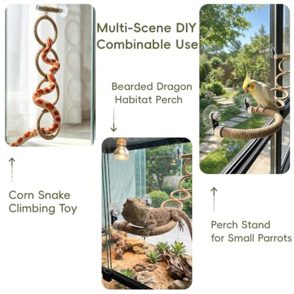 Reptile Climbing Rope Ladder with Strong Suction Cups Natural Hemp Vine Hammock & Window Bird Perch Swing for Corn Snakes, Lizards, Geckos, and Parrots - Terrarium Habitat Accessories