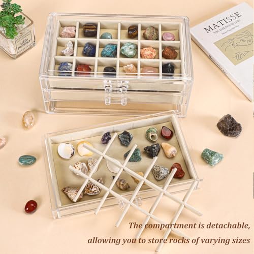 CLUQMEIK Acrylic Rock Collection Display Case with 54 Grids Storage Compartments Rock Collection Boxes Display Organizer Collection Storage Display Cases for Collectibles Crystal /Rock（Beige） - size: Beige