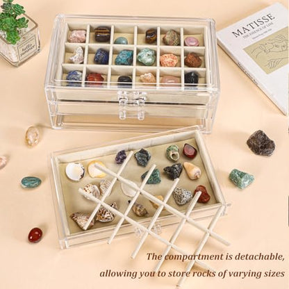 CLUQMEIK Acrylic Rock Collection Display Case with 54 Grids Storage Compartments Rock Collection Boxes Display Organizer Collection Storage Display Cases for Collectibles Crystal /Rock（Beige） - size: Beige