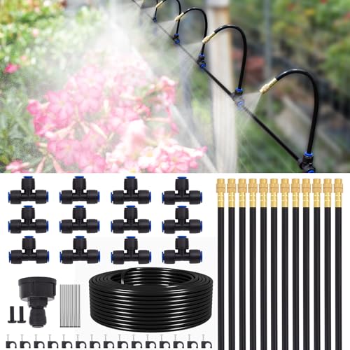 Drip Irrigation System Kit with 12 Pcs Adjustable Brass Nozzles & Bendable Spay Arm, 60ft Garden Watering Misting System for Outdoor Raised Bed, Potted Plant, Yard, Greenhouse - size: 60ft+12pcs nozzles and connectors