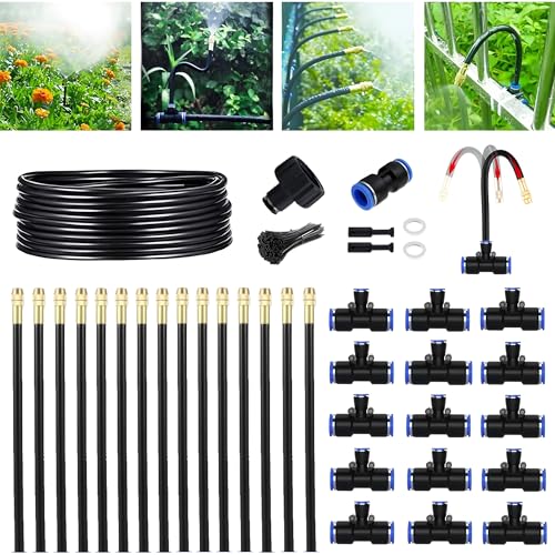 49.21FT 360° Adjustable Drip Irrigation System for Garden | 5/16'' Irrigation Tubing with 15 Nozzles, Automatic Watering Misting System, Drip Irrigation Kit for Greenhouse, Lawn, Plants - size: 49.21FT