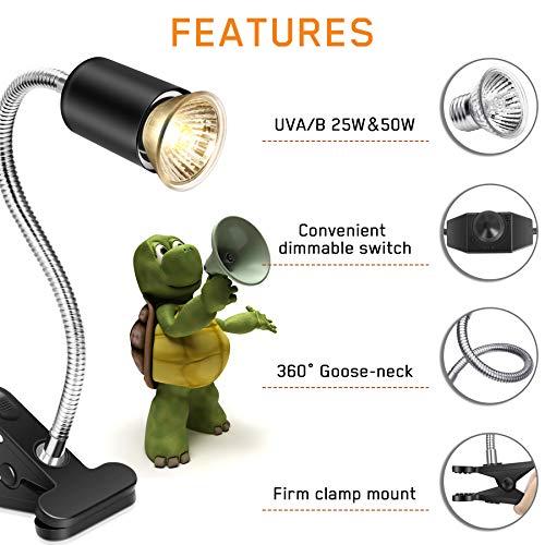Reptile Heat Lamp,Heating Lamp with Clamp, Adjustable Habitat Basking Heat Lamp,UVA/UVB Light Lamp 360° Rotatable Clip and Dimmable Switch for Aquarium(Bulb Included) (E27,110V) - color: Silver