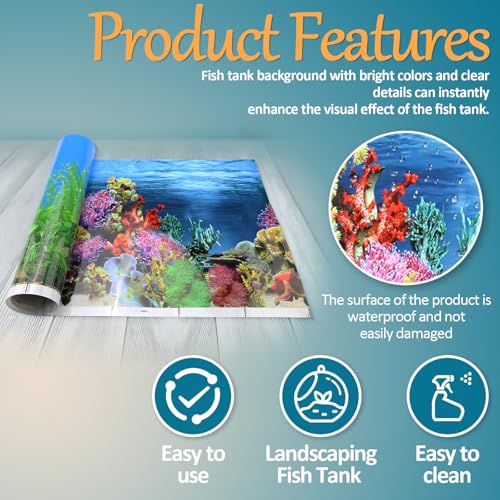 2 Pack Aquarium Backgrounds, Double-Sided Fish Tank Wallpaper, 32 X 16 In | 3D Cora Water Plants Terrarium Background with Adhesive Tape, Ocean Theme Fish Tank Backdrop