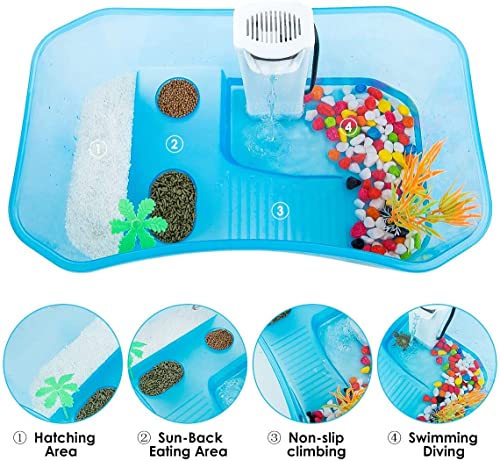 Turtle Tank with Multi-Function Areas, Easy Assembly, Ideal for Small Turtles & Reptiles, Includes Plastic Tree & Fishing Net | Quiet Water Pump, Light, Multi-Function Areas, Easy Assembly - color: blue+pump light
