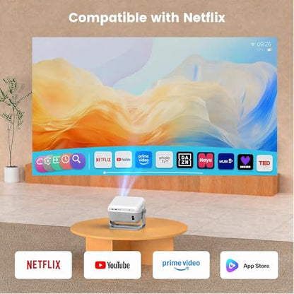【Officially-Licensed Streaming APP & Native 1080P 4K Support】Smart Projector with WiFi and Bluetooth, Auto Focus & Keystone, 270° Rotation, Movie Projector for Outdoor Bedroom Home Office