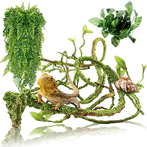 Hamiledyi Fake Reptile Plants for Terrarium Bendable Snake Climbing Vine | Artificial Leaves with Suction Cup, Hanging Reptile & Amphibian Habitat Decor for Bearded Dragon Gecko Tree Frog Chameleon - size: 3 PCS - Style 1