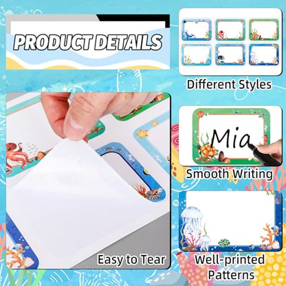 JarThenaAMCS 180 Pcs Ocean Animal Name Tag Stickers Under the Sea Nameplates Cartoon Marine Fish Self-Adhesive Label Decals for Back to School Students Teacher Desk Classroom - style: Ocean Sea