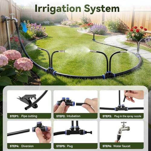 75-FT 1/2-inch Tubing High-Flow Adjustable Irrigation System for the Garden | with 40 Nozzles, Dual-Side Watering Kit For Garden, Yard,Lawn,Raised Beds, Greenhouses & Efficient Plant360° Irrigation - size: 75Ft
