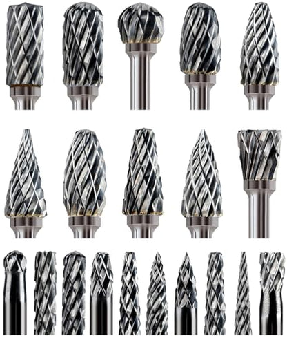 20 Pcs Carbide Burr Bits 1/8" Shank Compatible with Dremel Milwaukee Metal Grinding Wood Stone Steel Carving Cutting Engraving Grinder Kit Attachment Rotary Tool Accessories Set Harder Than Diamond