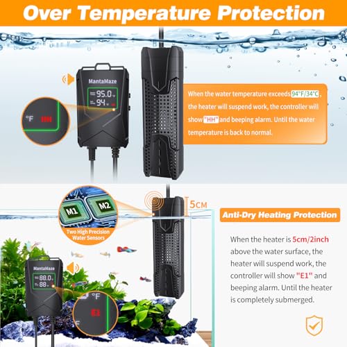Submersible Aquarium Heater,300W/500W/800W/1000W Fish Tank Heater | 20-300 Gal Aquarium Heater for Fresh & Saltwater, Intelligent Leaving Water Automatica Stop Heating, Overheating Protection