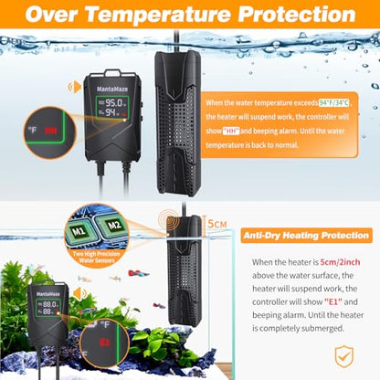 Submersible Aquarium Heater,300W/500W/800W/1000W Fish Tank Heater | 20-300 Gal Aquarium Heater for Fresh & Saltwater, Intelligent Leaving Water Automatica Stop Heating, Overheating Protection