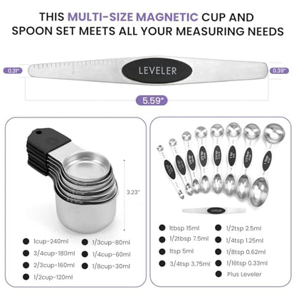 HOUJIP Magnetic Measuring Cups and Spoons Set-304 Stainless Steel,Black | Double Measurement Markings,BPA-Free,Set of 16 with Leveler for Measuring Dry and Liquid Ingredients - color: Black