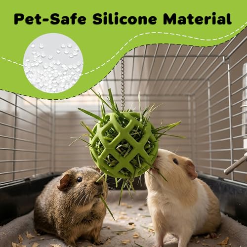 Feeder Ball with Chain for Rabbits Hamsters Turtles Reptile Enrichment Toy | 2 Pack, Durable Silicone Ball, Stainless Steel Chain, Foraging Toy, Hay Vegetable Holder, for Reptile Enclosure & Habitats