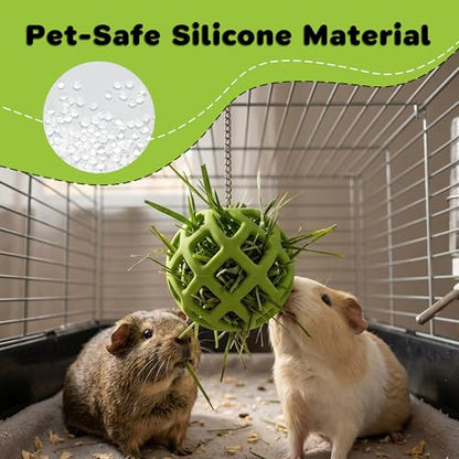 Feeder Ball with Chain for Rabbits Hamsters Turtles Reptile Enrichment Toy | 2 Pack, Durable Silicone Ball, Stainless Steel Chain, Foraging Toy, Hay Vegetable Holder, for Reptile Enclosure & Habitats