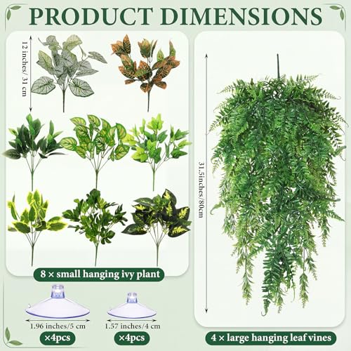12 Pcs Reptile Plants Terrarium Hanging Plant Vines Artificial Leaves with Suction Cups Climbing Foliage for Bearded Dragon Lizard Gecko Snake Tank Accessories Decor(Petite Leaf Series) - style: Petite Leaf Series