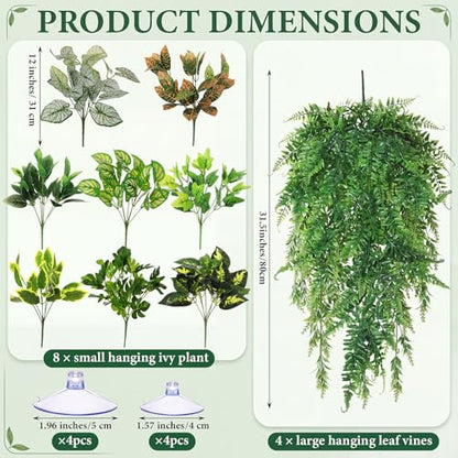 12 Pcs Reptile Plants Terrarium Hanging Plant Vines Artificial Leaves with Suction Cups Climbing Foliage for Bearded Dragon Lizard Gecko Snake Tank Accessories Decor(Petite Leaf Series) - style: Petite Leaf Series