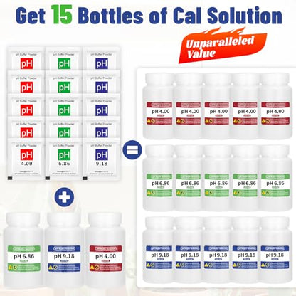 15 Pack pH Meter Calibration Solution Buffer Solution Powder for Precise & Easy Calibration, 4.00/6.86/9.18pH Buffer Powder with 3 Extra Bottles - Professional pH Tester Calibration Kit