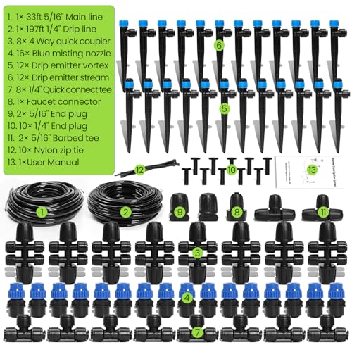 Drip Irrigation System Kit for Garden Watering, 230FT Quick Connect | For Garden, Raised Beds, Greenhouses, with 33FT 5/16" Mainline + 1/4" Tubing + 40 Emitters, 20-45 PSI and up to 40 GPH - size: 230 FT - 33 FT 5/16" Tubing + 197 FT 1/4" Tubing