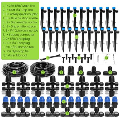 Drip Irrigation System Kit for Garden Watering, 230FT Quick Connect | For Garden, Raised Beds, Greenhouses, with 33FT 5/16" Mainline + 1/4" Tubing + 40 Emitters, 20-45 PSI and up to 40 GPH - size: 230 FT - 33 FT 5/16" Tubing + 197 FT 1/4" Tubing