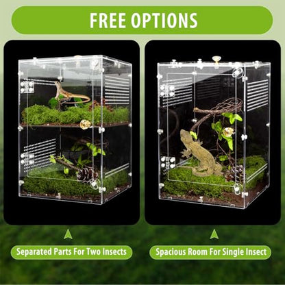 Large Jumping Spider Enclosure, 2 in 1 Ventilated Reptile Terrarium for Praying Mantis,Arboreal Tarantula,Crested Gecko, 12"*8"*8" Acrylic Habitat with Removable Divider,Front Opening & Top Lid - size: Large-12''x8''x8''