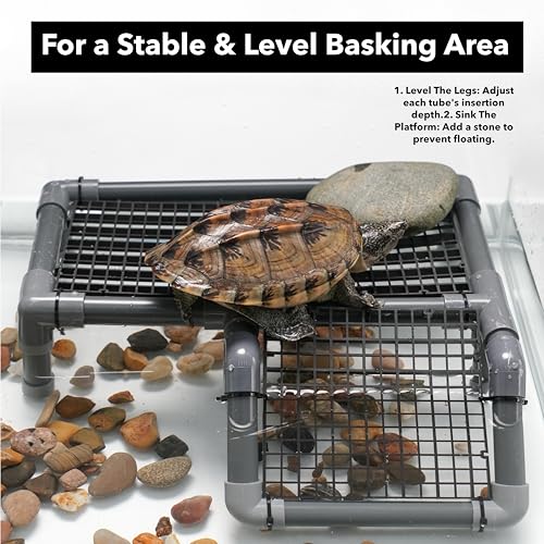 Standing Turtle Basking Platform, Plastic Short Legs Turtle Floating Platform for Low Water Level Tank, 14" Width Resting Area, Docks for Basking with DIY PVC Pipes, Ramp for Reptile Frog Terrapin