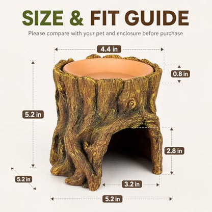 Reptile Hide Cave with Removable Top Dish, Resin Tree Stump Terrarium Decor, 2-in-1 Lizard Gecko Hideout Shelter and Feeding Bowl for Small Reptiles, 5.2 x 5.2 x 5.2 in