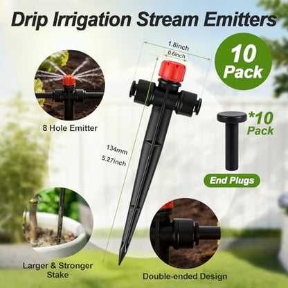 RedChili 10 Pieces Quick Connect Drip Emitters for 1/4" Drip Irrigation Tubing, Adjustable 360 Degree Stream Emitters with Stake Two Way Full Circle 8 Hole Stream Drippers for Garden Watering System - size: 22P Stream(Push,2 Way)