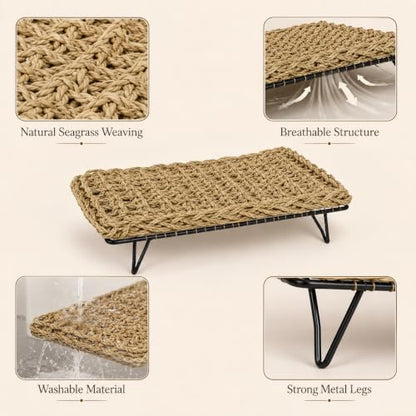 Natural Seagrass Reptile Hammock Bed with Adjustable Metal Legs, Large Elevated Resting Platform for Bearded Dragon, Lizard, Gecko, Snake, Turtle & Terrarium Pets, Includes Humidity Meter