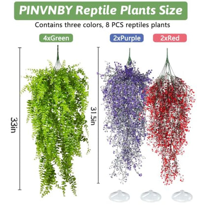 PINVNBY 8 Pack Reptile Plants Terrarium Hanging Fake Vines with Suction Cup Artificial Leaves for Bearded Dragons Lizards Geckos Snake Hermit Crab (4PCS Green, 2PCS Purple and 2PCS Red) - color: 8pcs (4 X Green, 2 X Purple, 2 X Red)