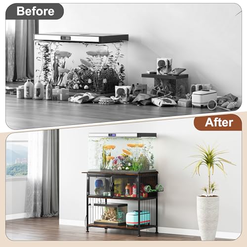 40-55 Gallon Fish Tank Stand , Heavy Duty Aquarium Stand with Cabinet Storage Fish Tank Accessories, Large Reptile Terrarium Tank Table with Power Outlets,Vintage Brown