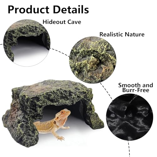 BNOSDM Reptile Hideout Rock,Tortoise Hide Cave,Resin Rock,Lizards Hideaway,Turtle Basking Platform,Reptiles Habitat Decor Tank Accessories for Bearded Dragon Gecko Snakes Chameleon Frogs