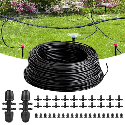 100FT 1/4 Inch Drip Irrigation Tubing, Distribution Hose Tube Kit Includes 2pcs 6-Way Connectors & 20pcs 1/4" Tee Splitters and End Plugs for Garden DIY Water-Saving Drip Irrigation System - color: Black-100FT