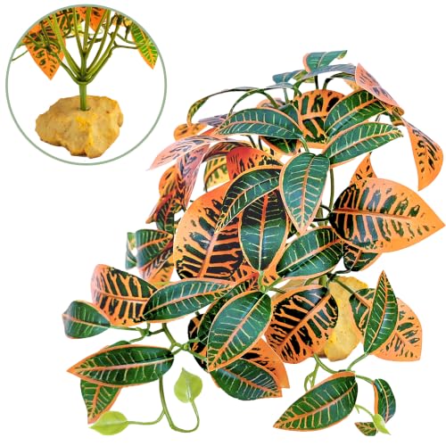 Woyrise Reptile Plants for Terrarium Decor, Ball Python Tank Accessories fit Bearded Dragon Crested Leopard Gecko Lizard Chameleon Snake Frog Tortoise Hermit Crab - Fake Codiaeum Variegatum - color: G-fake Codiaeum Variegatum