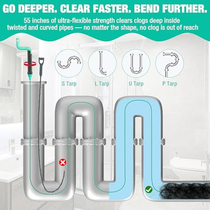 55inch Steel Core Drain Clog Remover Tool With Rotating Handle, Slim Snake Drain Hair Removal Tool For Narrow Pipes, Sinks, Showers, Toilets, Clears Hair, Blockages With Sink Drain Cleaner (5pcs)